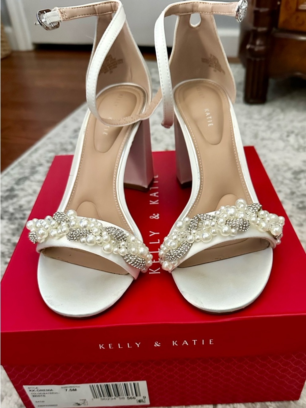 Kelly & Katie Ivory Pearl & Crystal Ankle Strap Block Heels